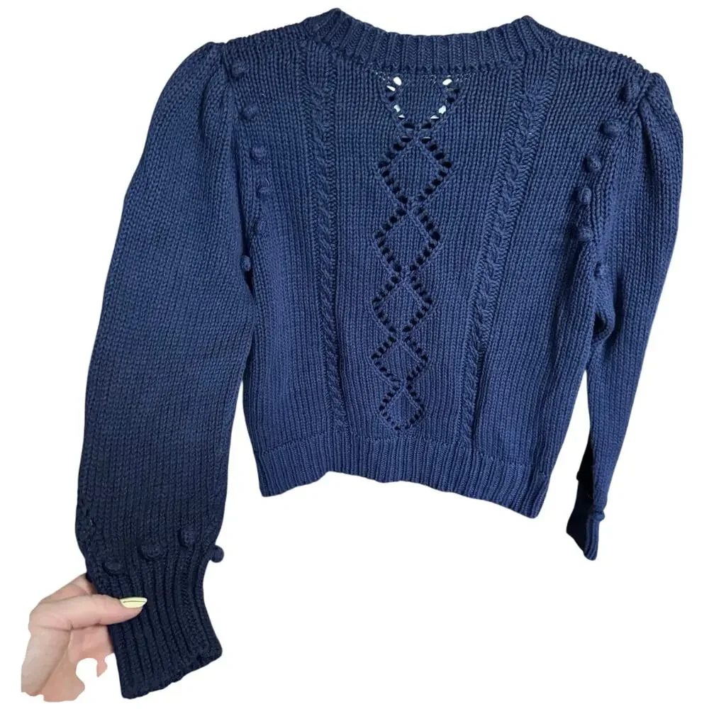 Doen Forget Me Not Cable Knit Floral Cardigan Navy Blue Size Small